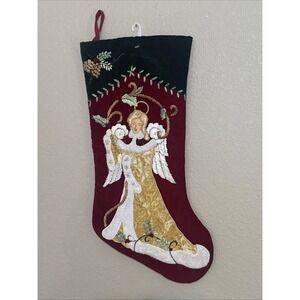 2002 Prima Creations Velvet Maroon And Green Embroidery Angel Christmas Stocking